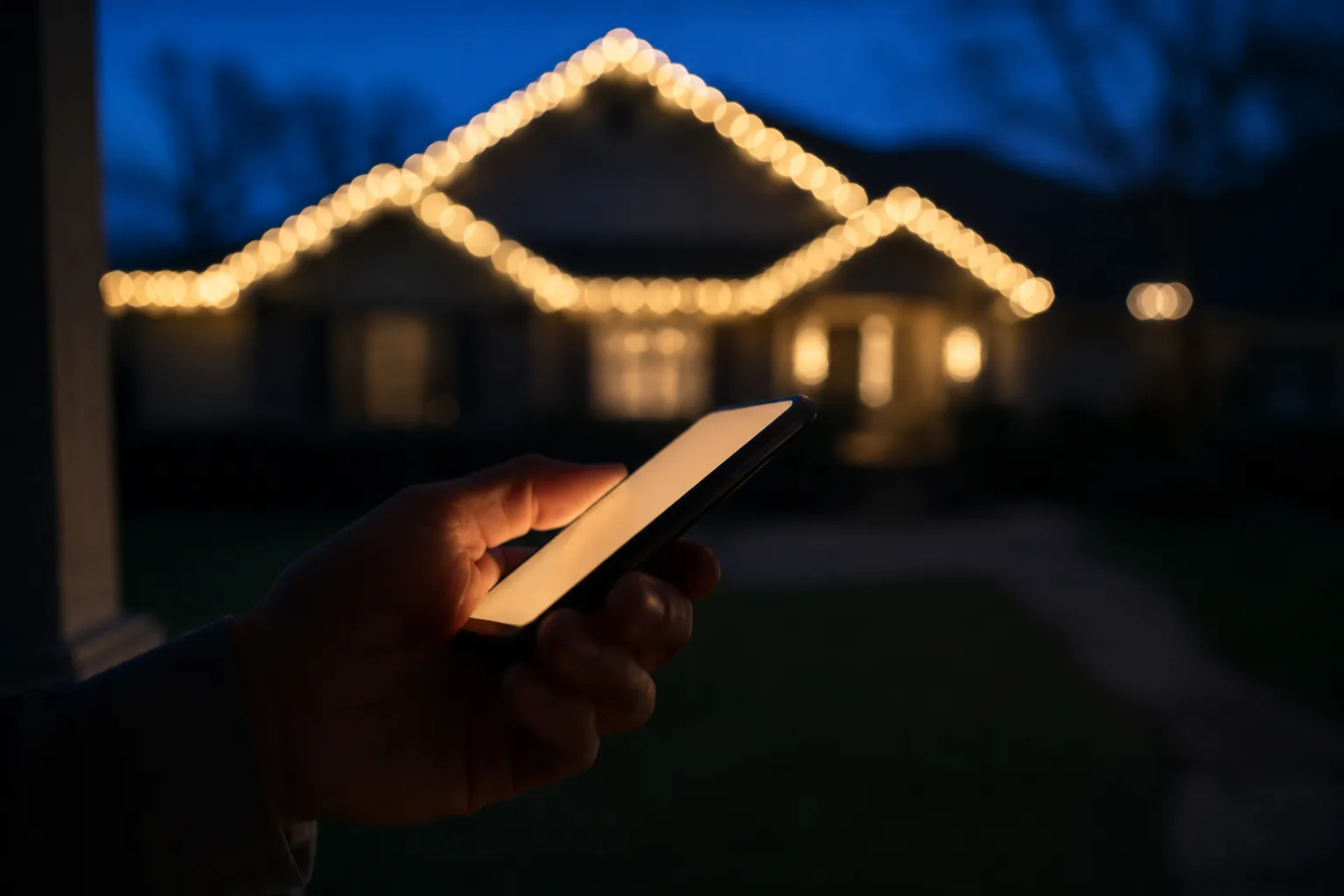 Changing the lighting from a phone on the front walk, the lit roofline glowing behind