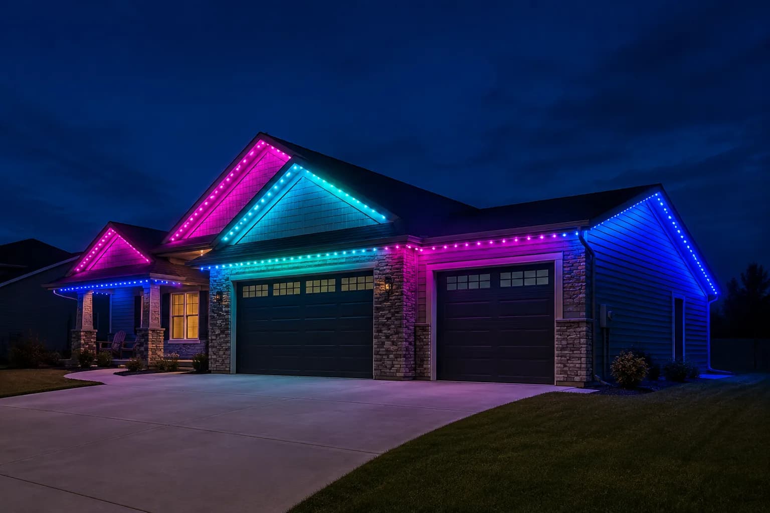 A single-story home at blue hour running magenta, cyan and blue across separate sections of the roofline