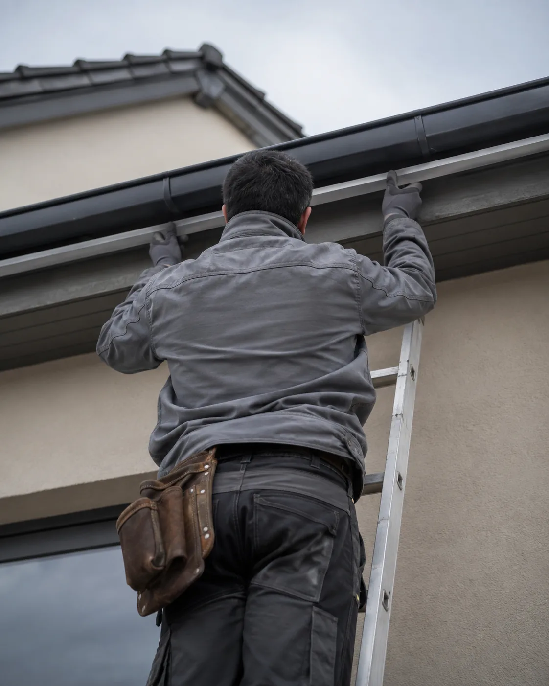 An installer on a ladder fitting the lighting channel tight under the fascia